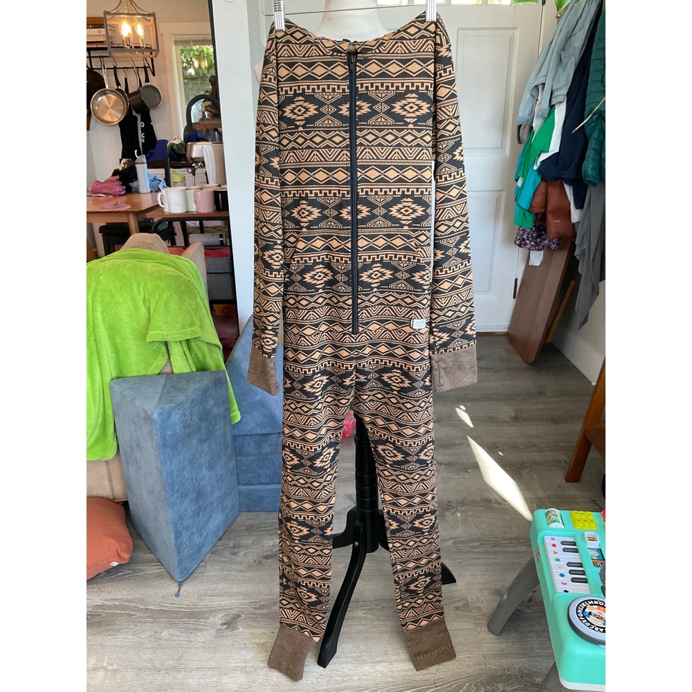 Kavu Women Brown Black Southwestern Geometric Hooded Zip Jumpsuit Onesie Med